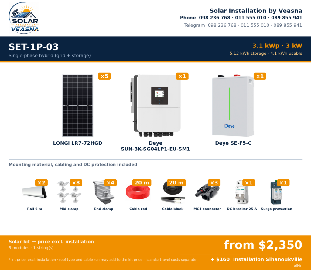 SET-1P-03 · 3.1 kWp · Single-phase hybrid (grid + storage) · Sihanoukville