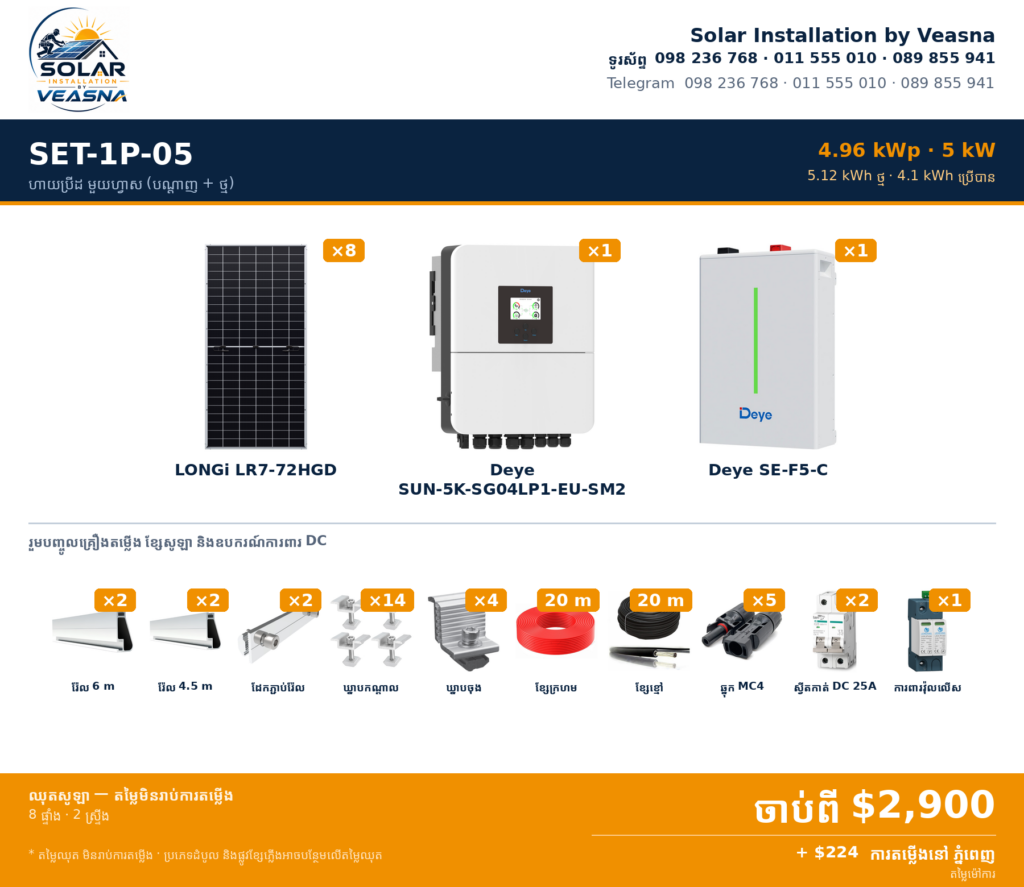 SET-1P-05 · 4.96 kWp · ហាយប្រីដ មួយហ្វាស (បណ្តាញ + ថ្ម) · ភ្នំពេញ