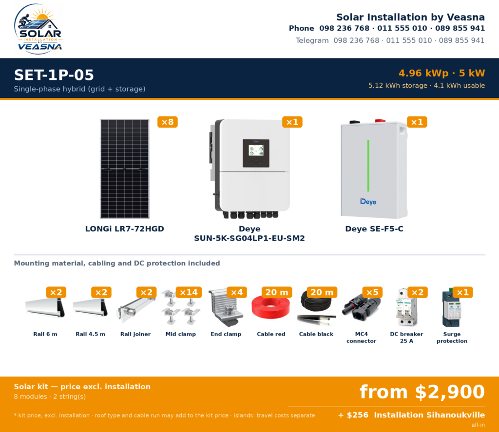 SET-1P-05 · 4.96 kWp · Single-phase hybrid (grid + storage) · Sihanoukville