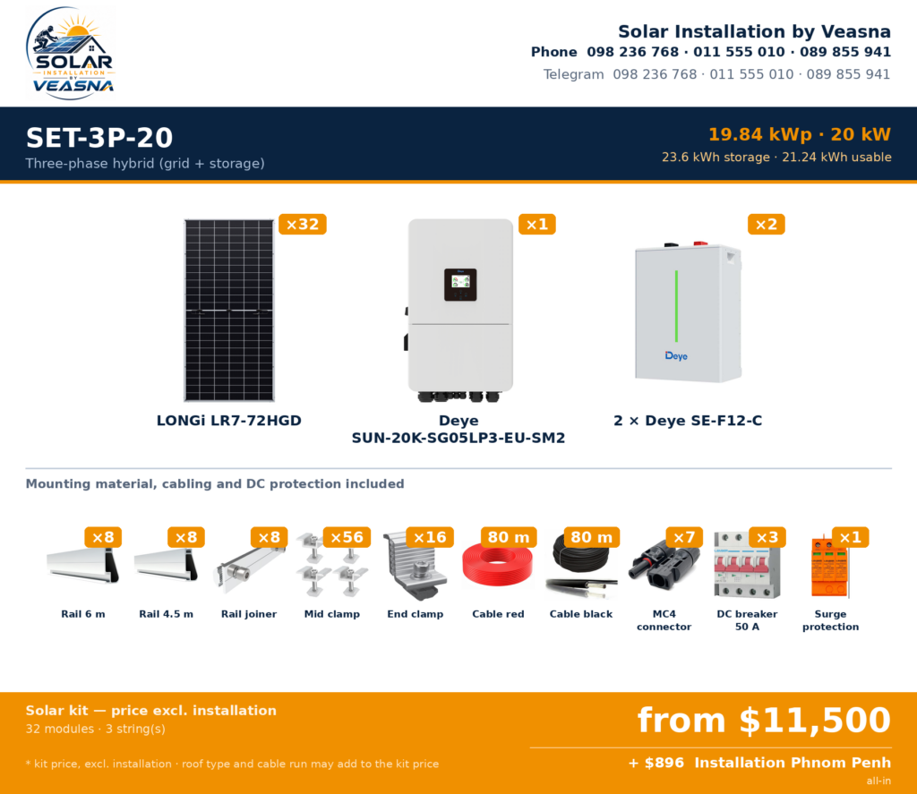 SET-3P-20 · 19.84 kWp · Three-phase hybrid (grid + storage) · Phnom Penh