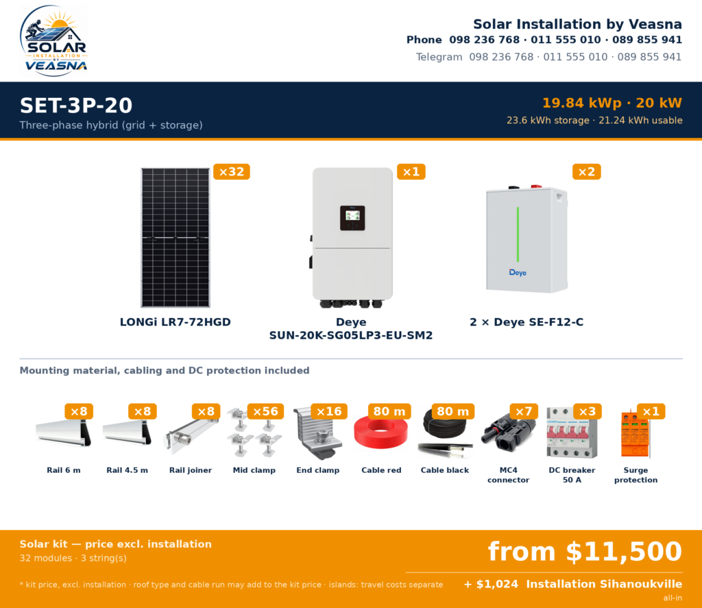 SET-3P-20 · 19.84 kWp · Three-phase hybrid (grid + storage) · Sihanoukville