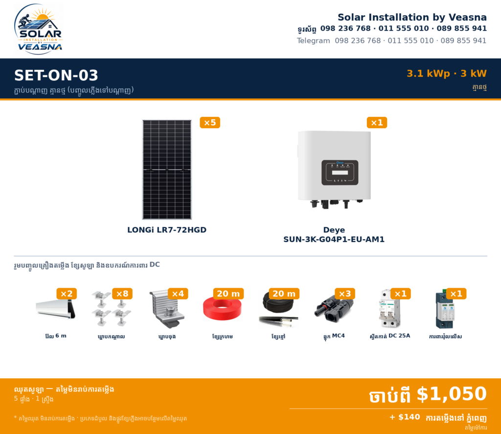 SET-ON-03 · 3.1 kWp · ភ្ជាប់បណ្តាញ (On-Grid) គ្មានថ្ម — បញ្ចូលភ្លើងទៅបណ្តាញ · ភ្នំពេញ