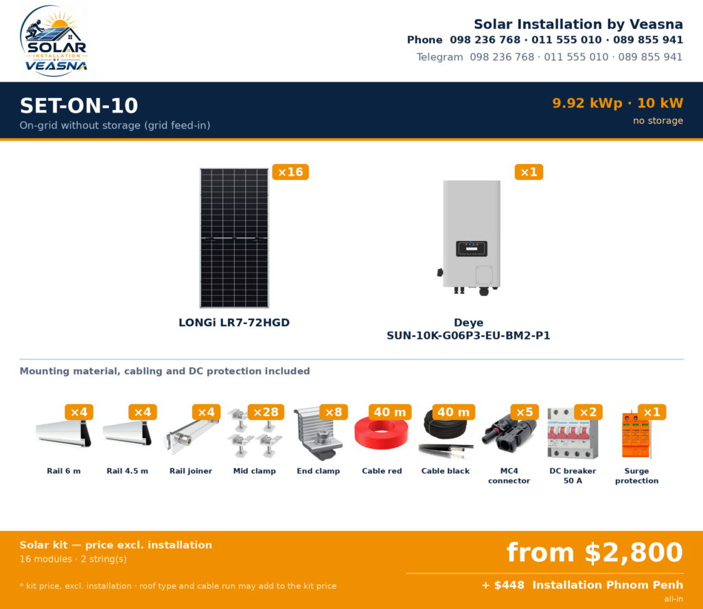 SET-ON-10 · 9.92 kWp · On-grid without storage (grid feed-in) · Phnom Penh