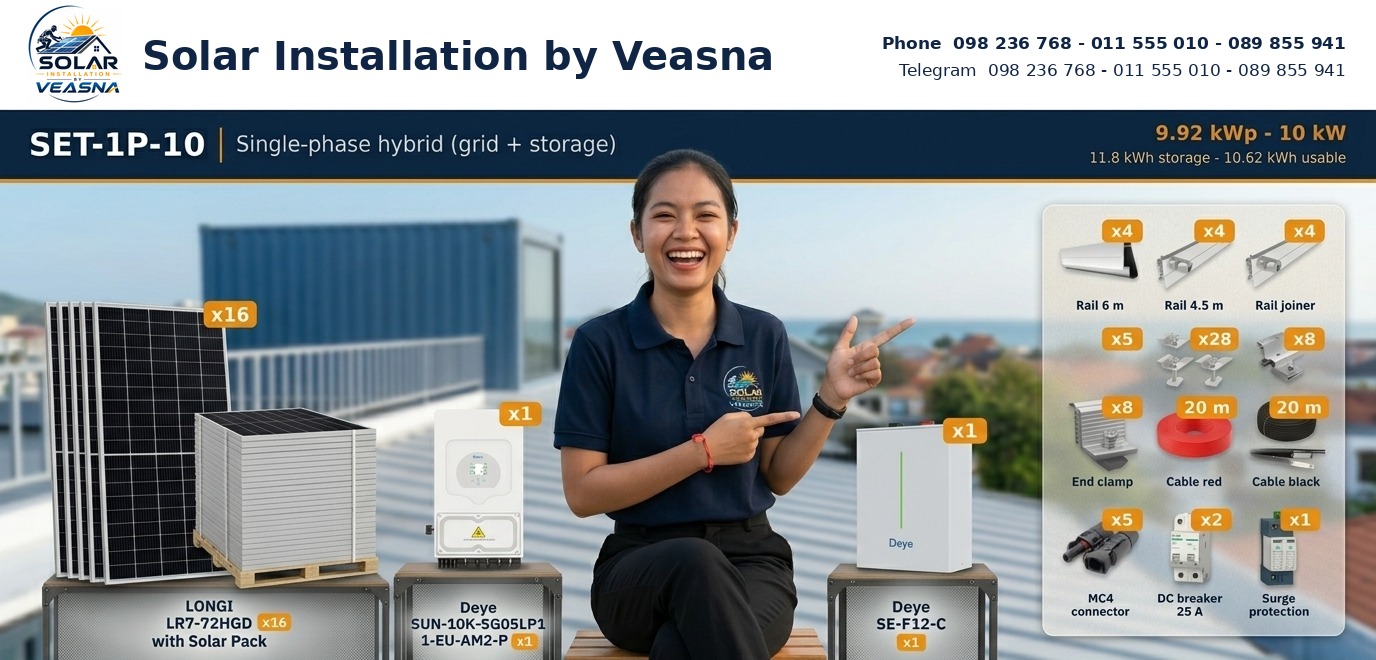 SET-1P-10 - 9.92 kWp single-phase hybrid, kit from $5,950, installation Sihanoukville $512 all-in