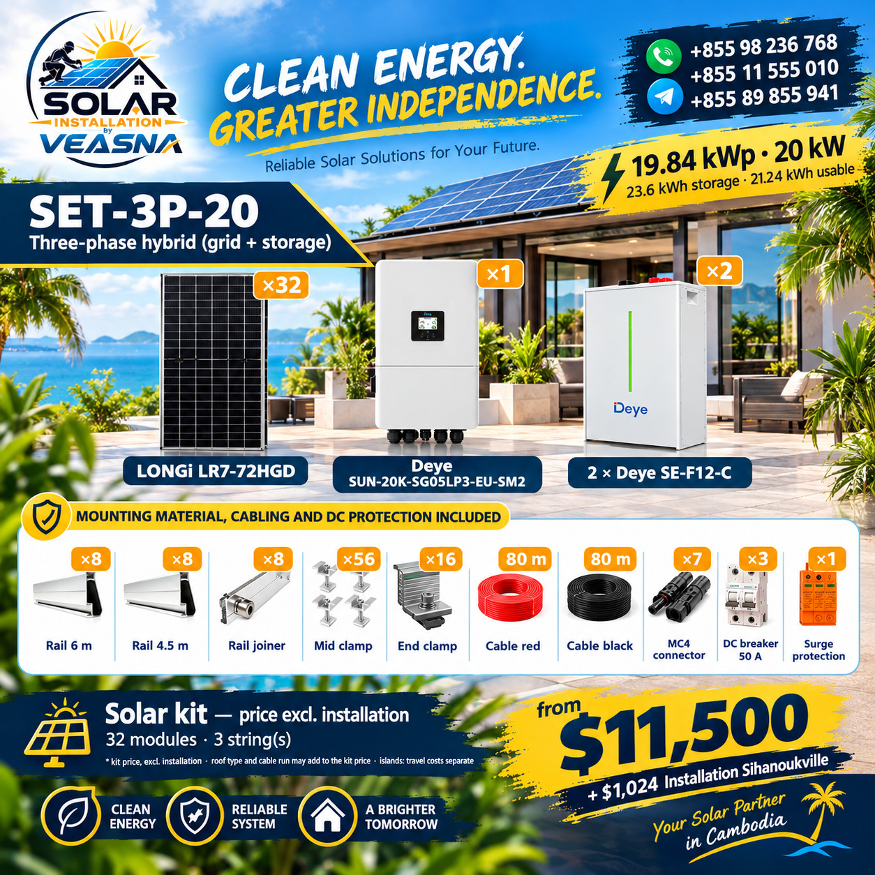 SET-3P-20 - 19.84 kWp three-phase hybrid, kit from $11,500, installation Sihanoukville $1,024