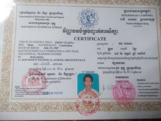 Certificate — one-year vocational training course in Welding – Don Bosco Technical School Sihanoukville