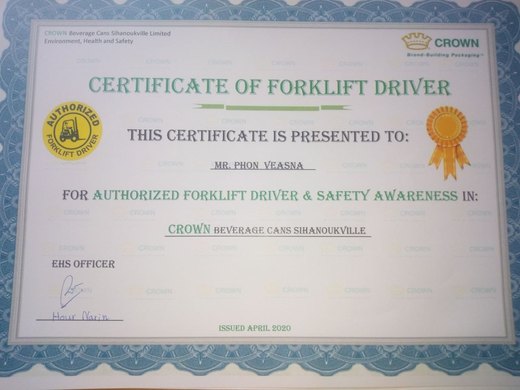 Certificate of Forklift Driver — authorized forklift driver & safety awareness – Crown Beverage Cans Sihanoukville Limited