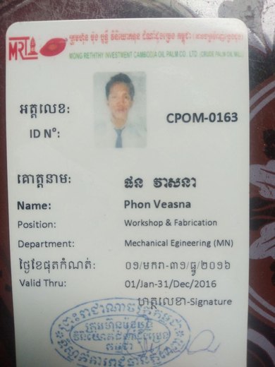 Staff ID — Workshop & Fabrication, Mechanical Engineering – Mong Reththy Investment Cambodia Oil Palm Co., Ltd.
